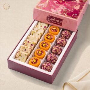 Rose Kaju Gift Box 500g – Dry Fruit Exotica, Gulkand Katori and Dry Fruit Rose Laddu in a pink Radhe gift box