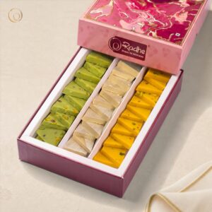 Assorted Katri Gift Box 500g – silver-varakh Kaju Katri, Kesar Kaju Katri and pista-green Dry Fruit Katri in a pink Radhe gift box