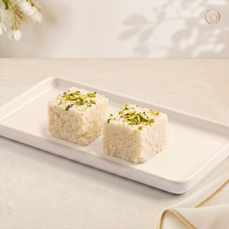 Cream Barfi - tabletop 2026 v2 Radhe Cream Barfi, two square pieces topped with pistachio slivers on a white tray