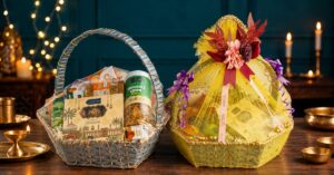 Blog Diwali gift hampers from Radhe Prem Ni Mithaas in a silver basket and a yellow basket
