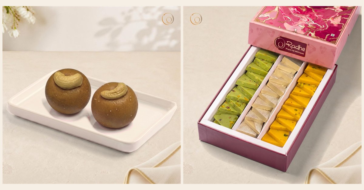 Magas laddu and a box of kaju katri, kesar kaju katri and dry fruit katri from Radhe Prem Ni Mithaas